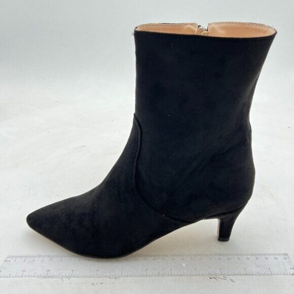 FSJ Black Kitten Low Heel Pointed Toe Ankle Boot Side Zipper Booties Suede Shoes - Picture 2 of 8